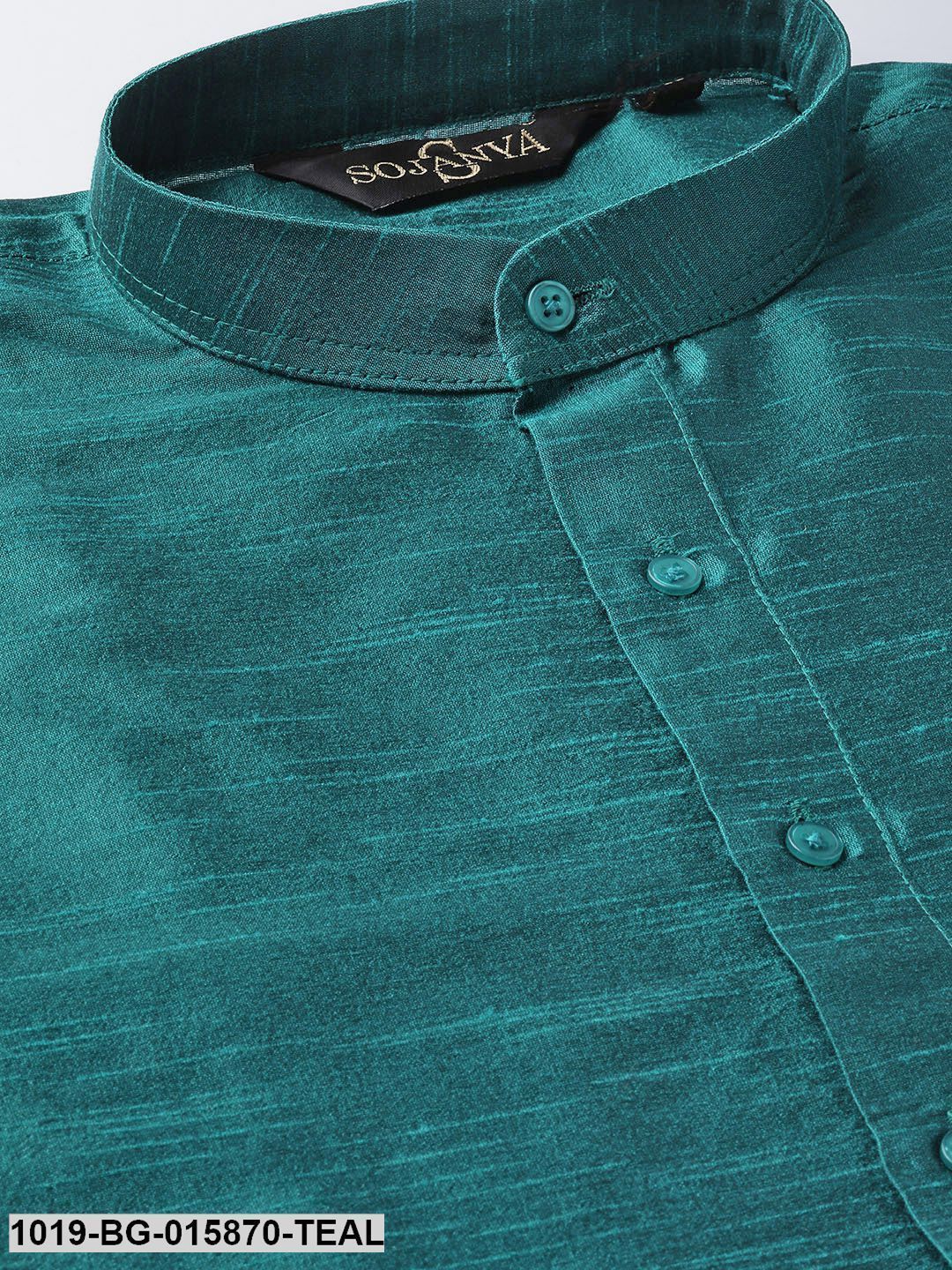 Men's Silk Blend Teal Green Kurta Pyjama & Peach Nehru jacket Combo