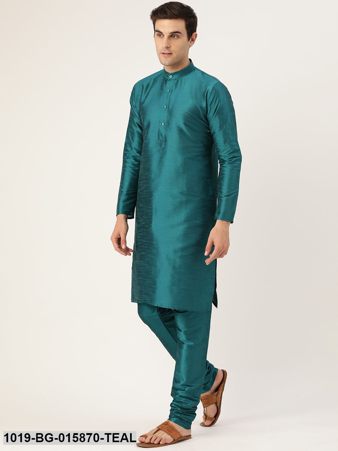 Men's Silk Blend Teal Green Kurta Pyjama & Peach Nehru jacket Combo