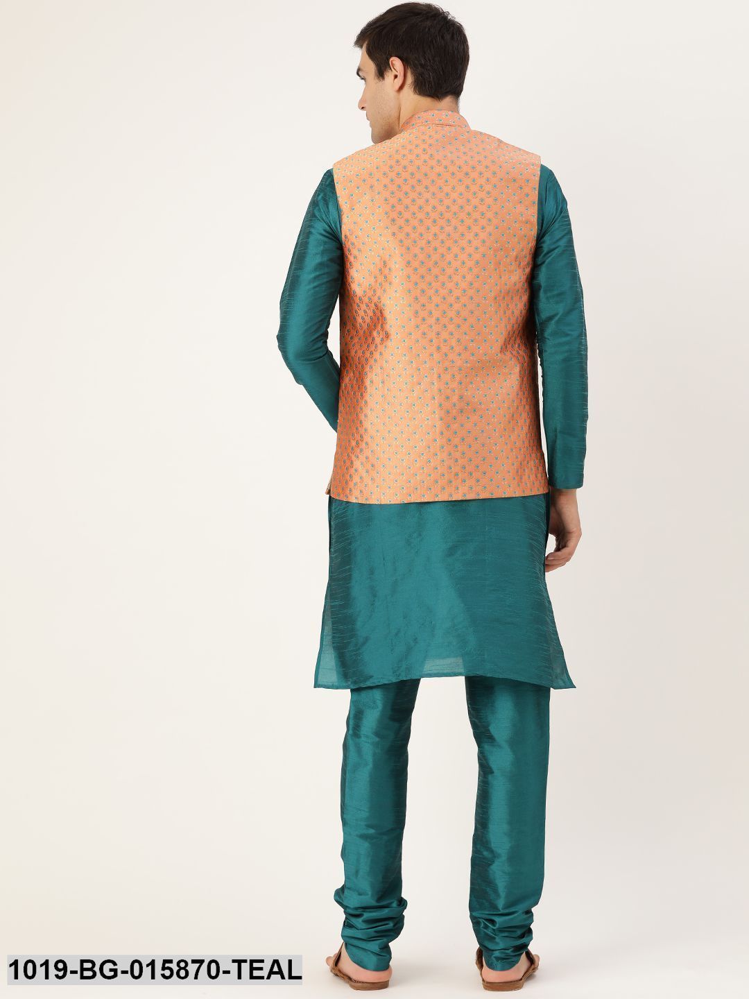 Men's Silk Blend Teal Green Kurta Pyjama & Peach Nehru jacket Combo