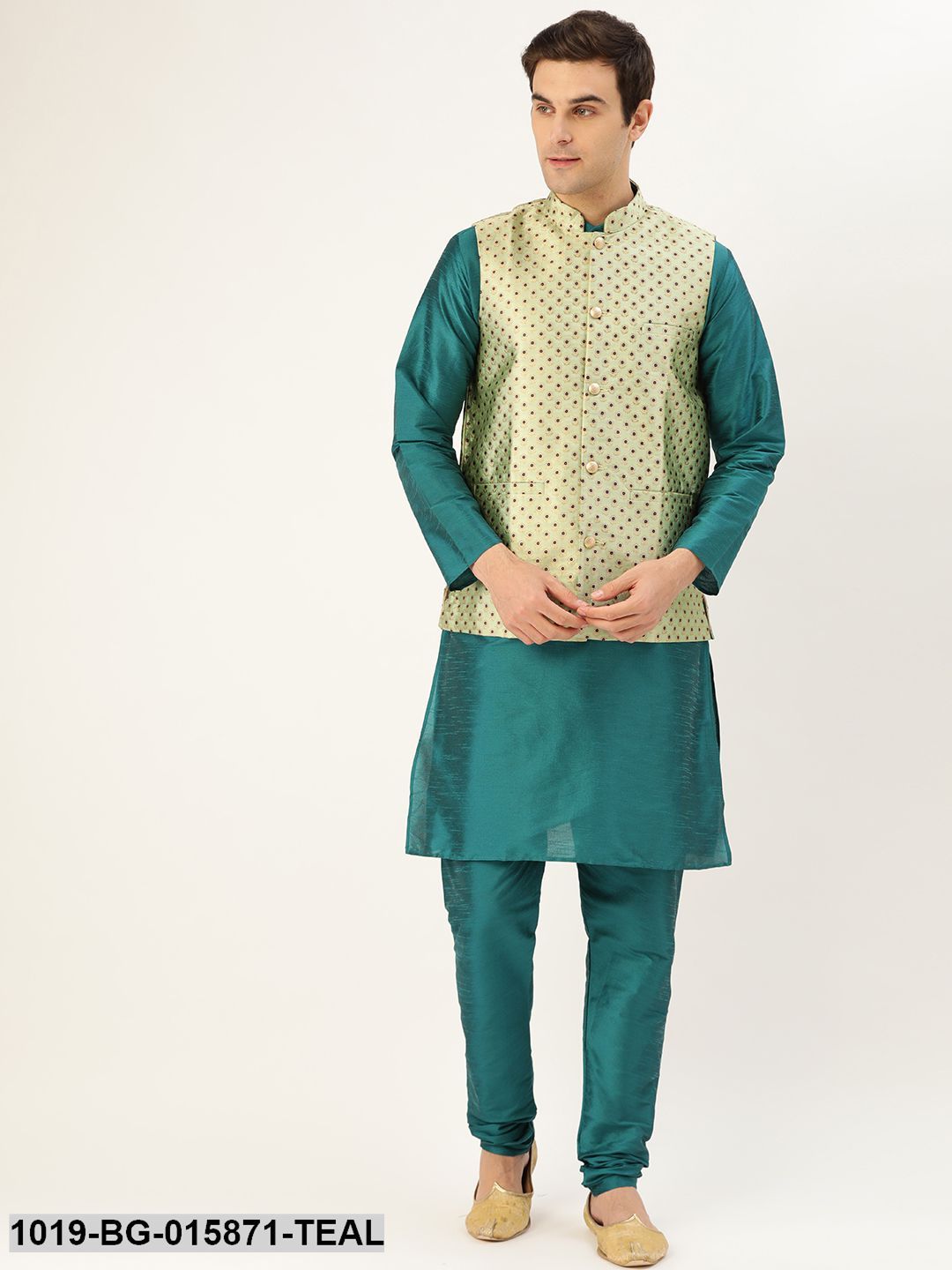 Men's Silk Blend Teal Green Kurta Pyjama & Peach Nehru jacket Combo