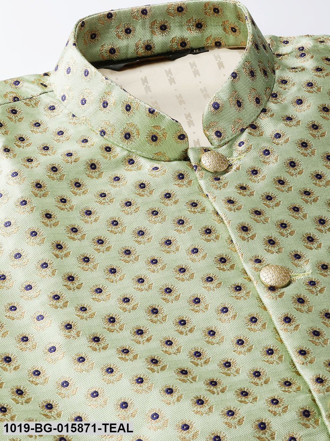 Men's Silk Blend Teal Green Kurta Pyjama & Peach Nehru jacket Combo