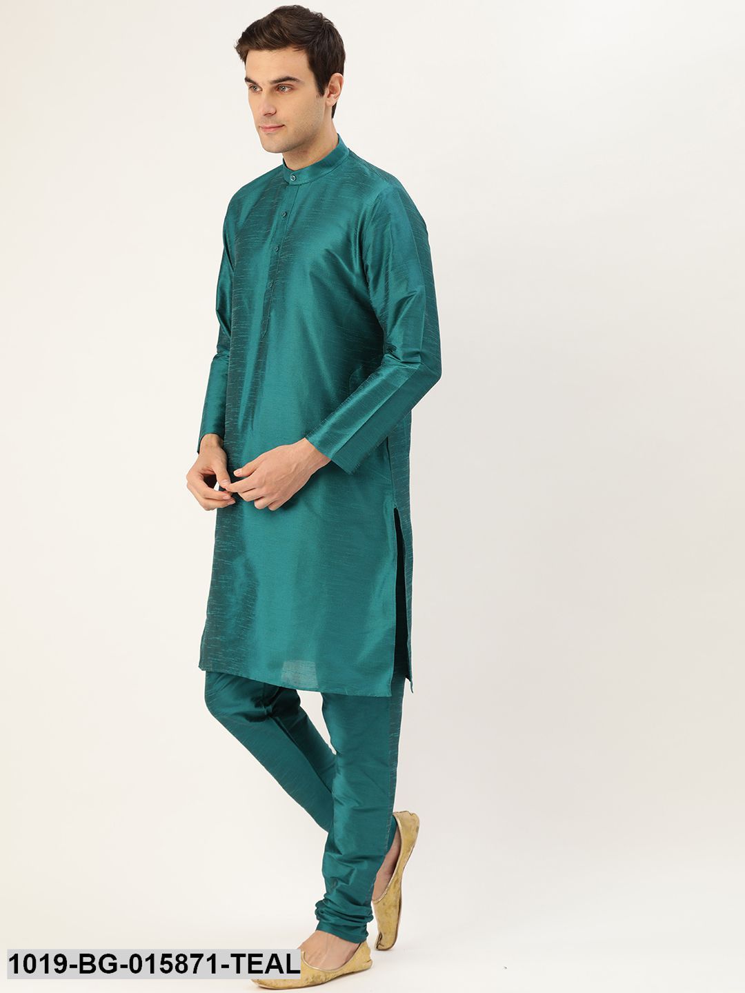 Men's Silk Blend Teal Green Kurta Pyjama & Peach Nehru jacket Combo