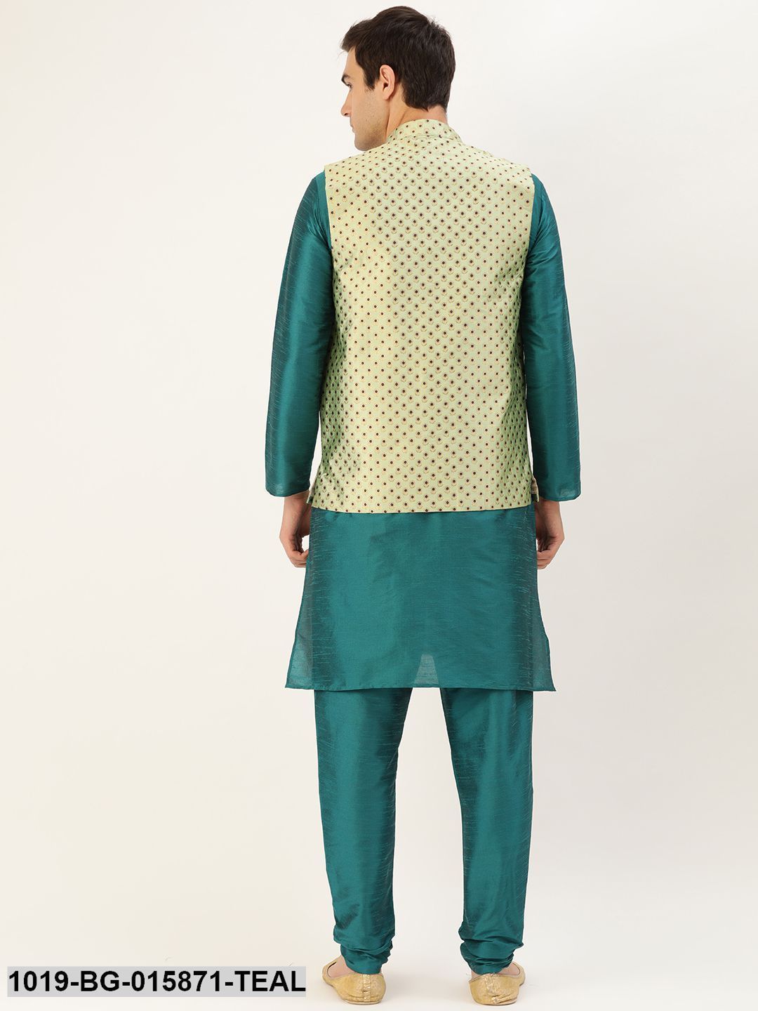 Men's Silk Blend Teal Green Kurta Pyjama & Peach Nehru jacket Combo