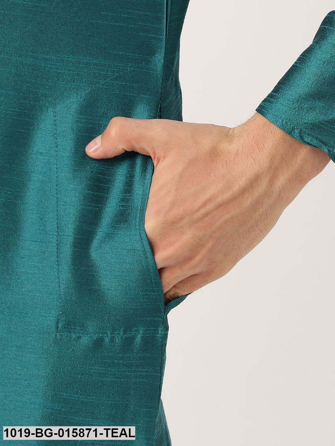 Men's Silk Blend Teal Green Kurta Pyjama & Peach Nehru jacket Combo