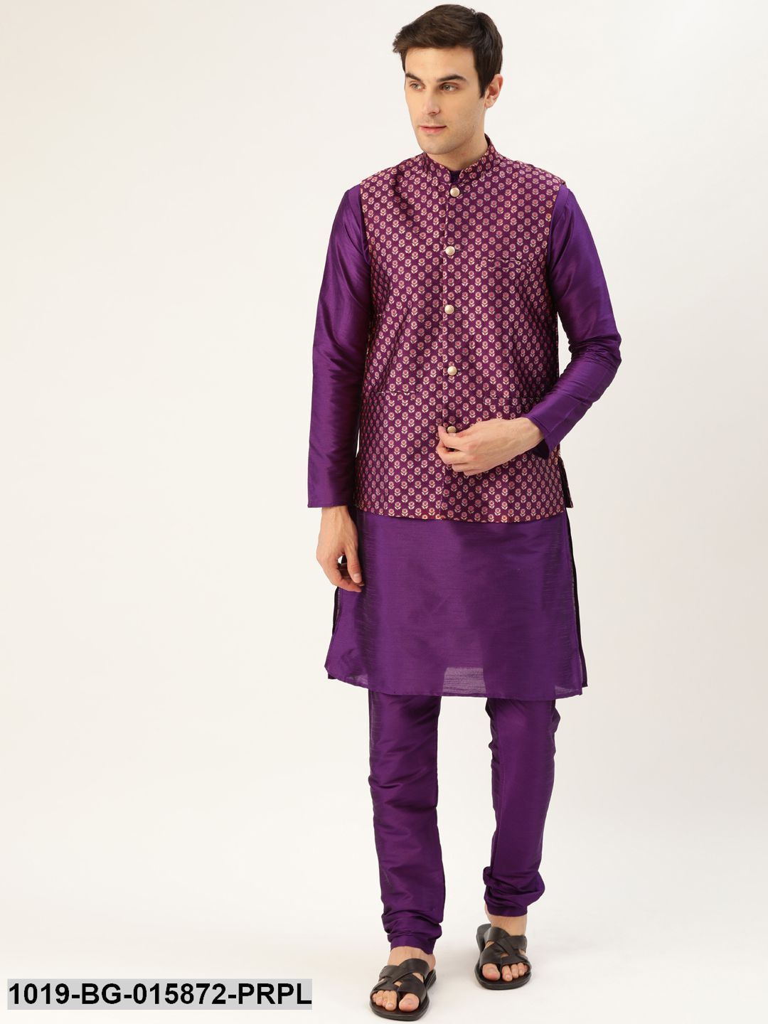 Men's Silk Blend Purple Kurta Pyjama & Wine Nehru jacket Combo