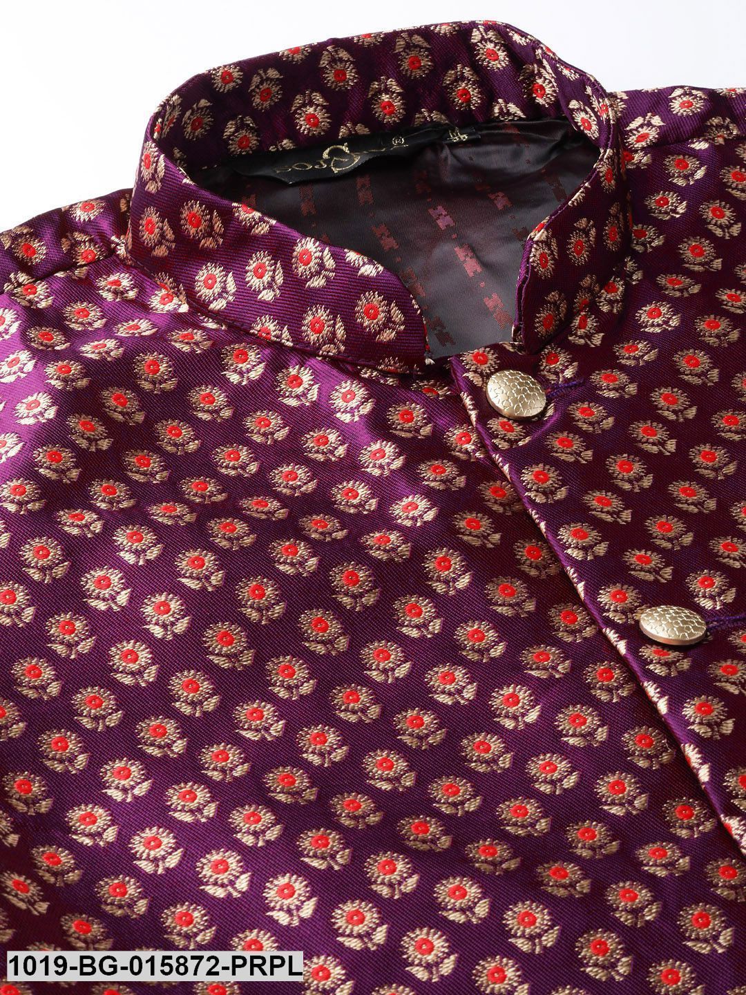Men's Silk Blend Purple Kurta Pyjama & Wine Nehru jacket Combo