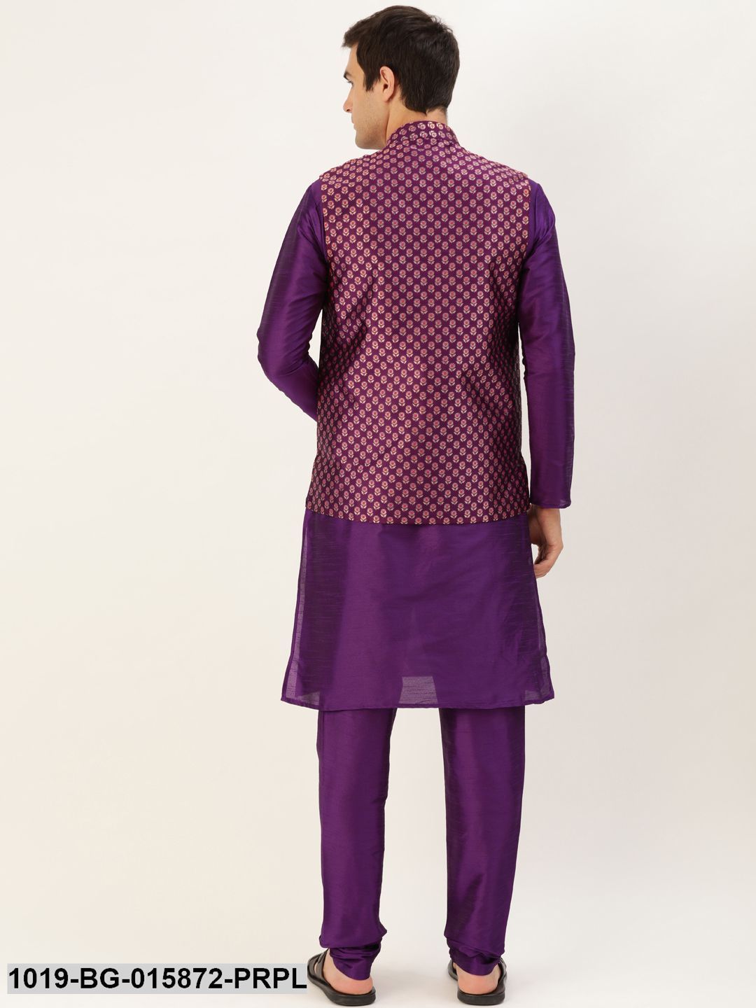 Men's Silk Blend Purple Kurta Pyjama & Wine Nehru jacket Combo