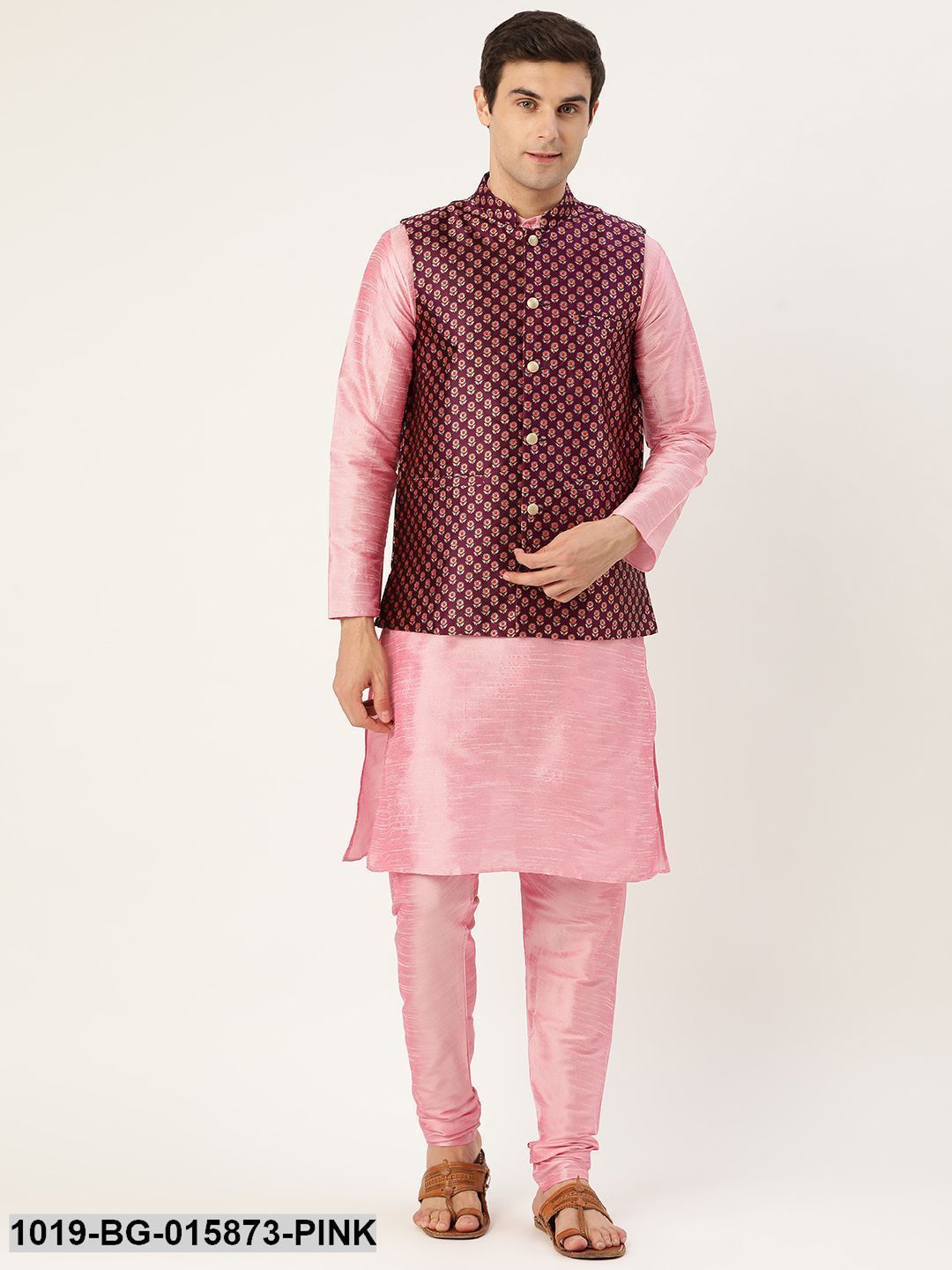 Men's Silk Blend Pink Kurta Pyjama & Wine Nehru jacket Combo