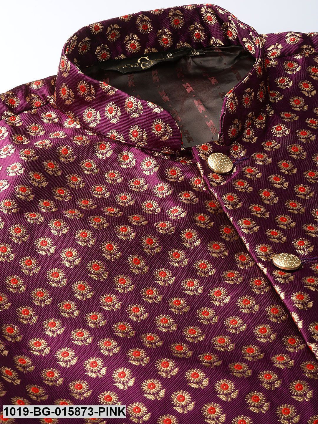 Men's Silk Blend Pink Kurta Pyjama & Wine Nehru jacket Combo