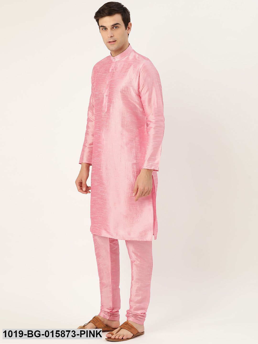Men's Silk Blend Pink Kurta Pyjama & Wine Nehru jacket Combo