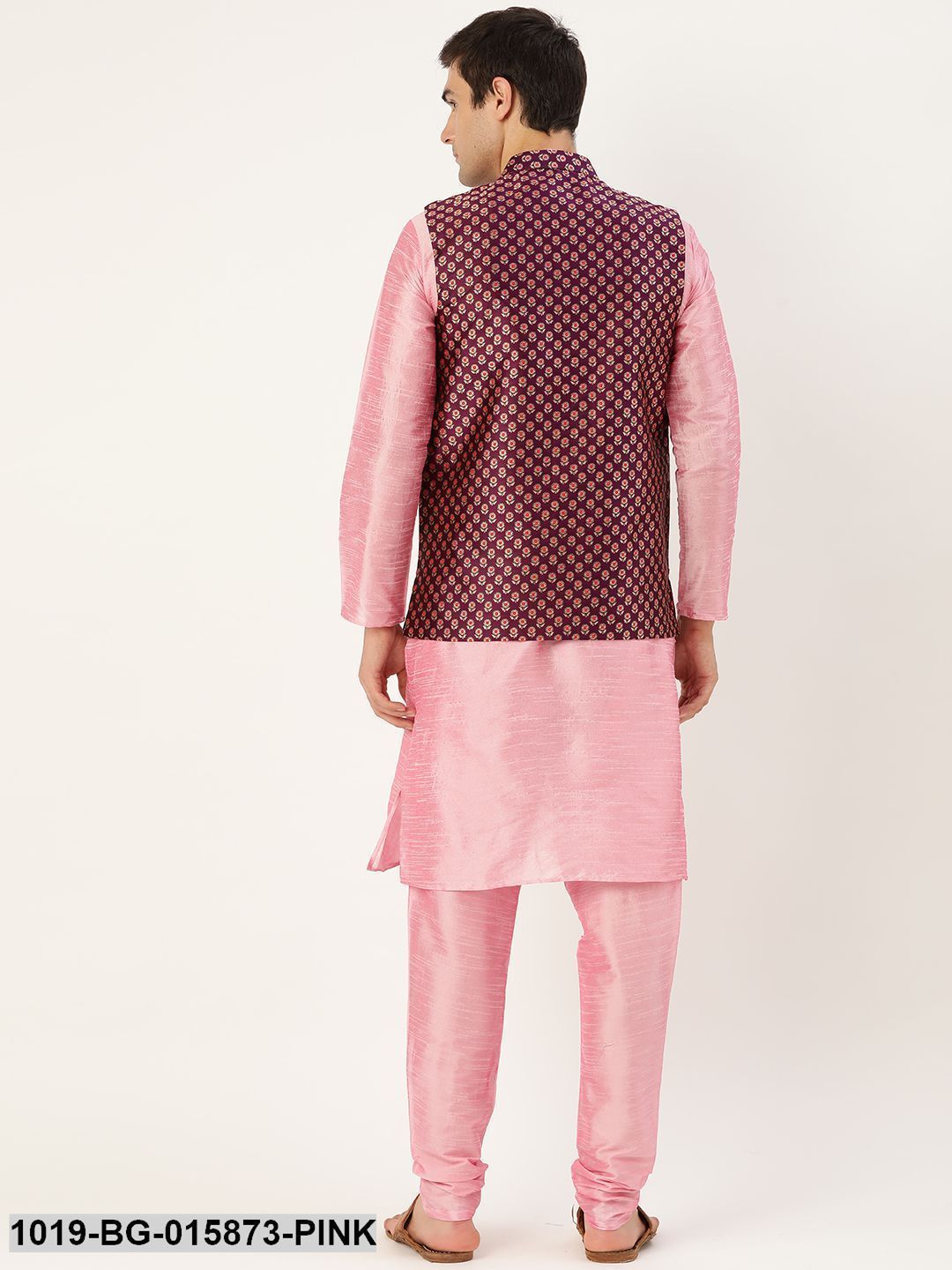 Men's Silk Blend Pink Kurta Pyjama & Wine Nehru jacket Combo