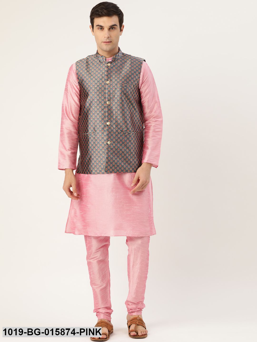Men's Silk Blend Pink Kurta Pyjama & Charcoal Grey Nehru jacket Combo