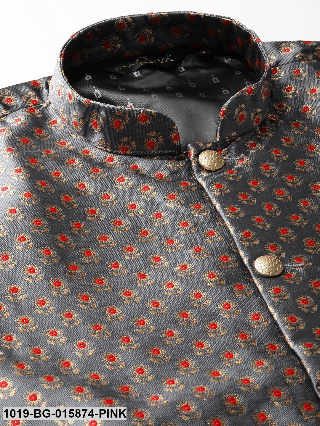 Men's Silk Blend Pink Kurta Pyjama & Charcoal Grey Nehru jacket Combo