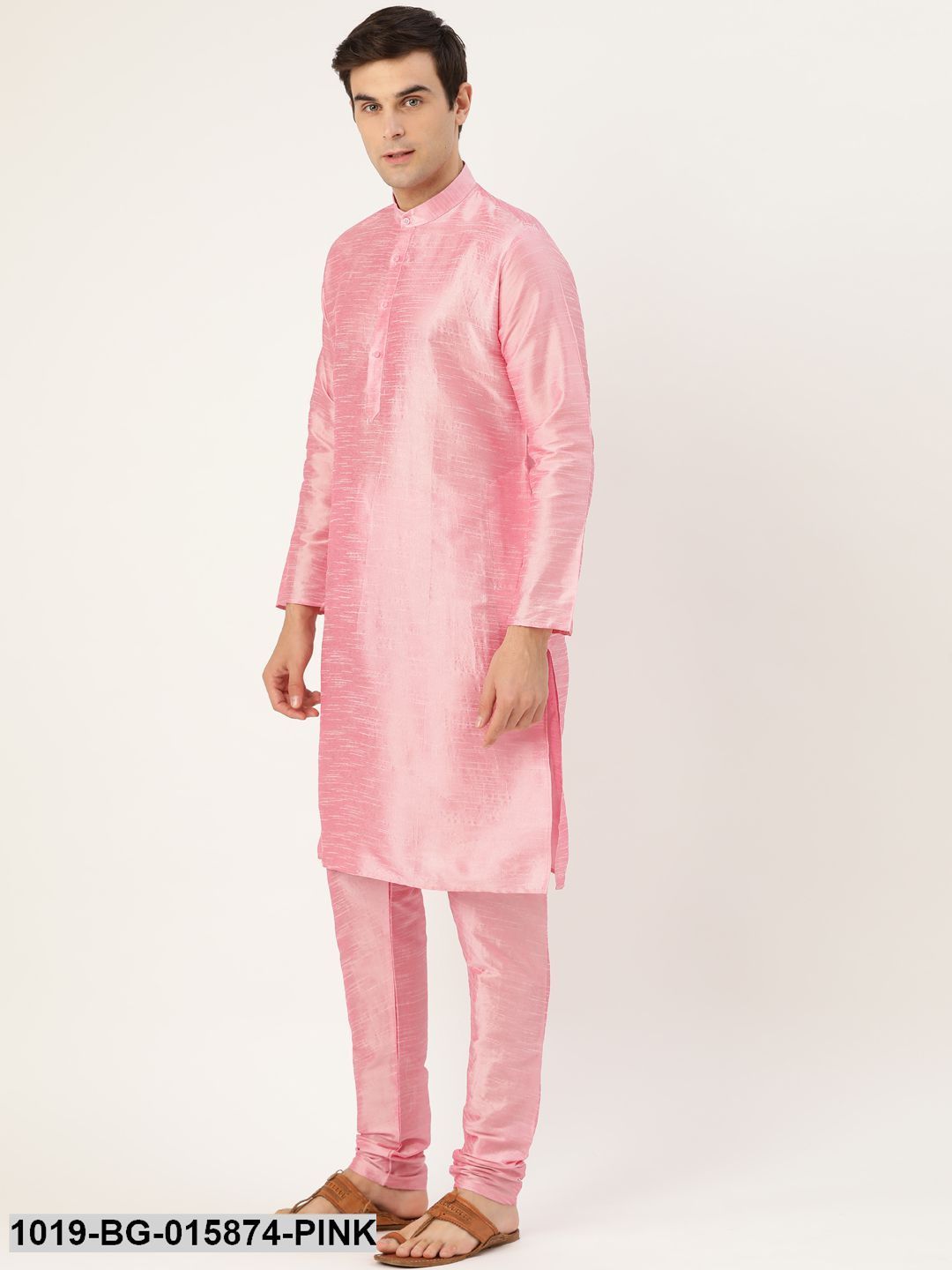 Men's Silk Blend Pink Kurta Pyjama & Charcoal Grey Nehru jacket Combo
