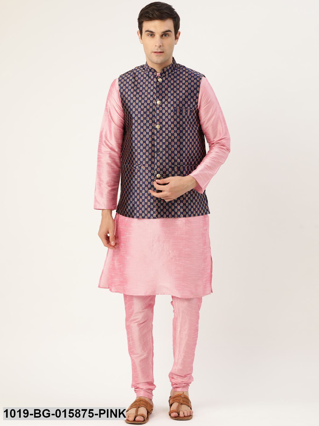Men's Silk Blend Pink Kurta Pyjama & Navy Blue Nehru jacket Combo