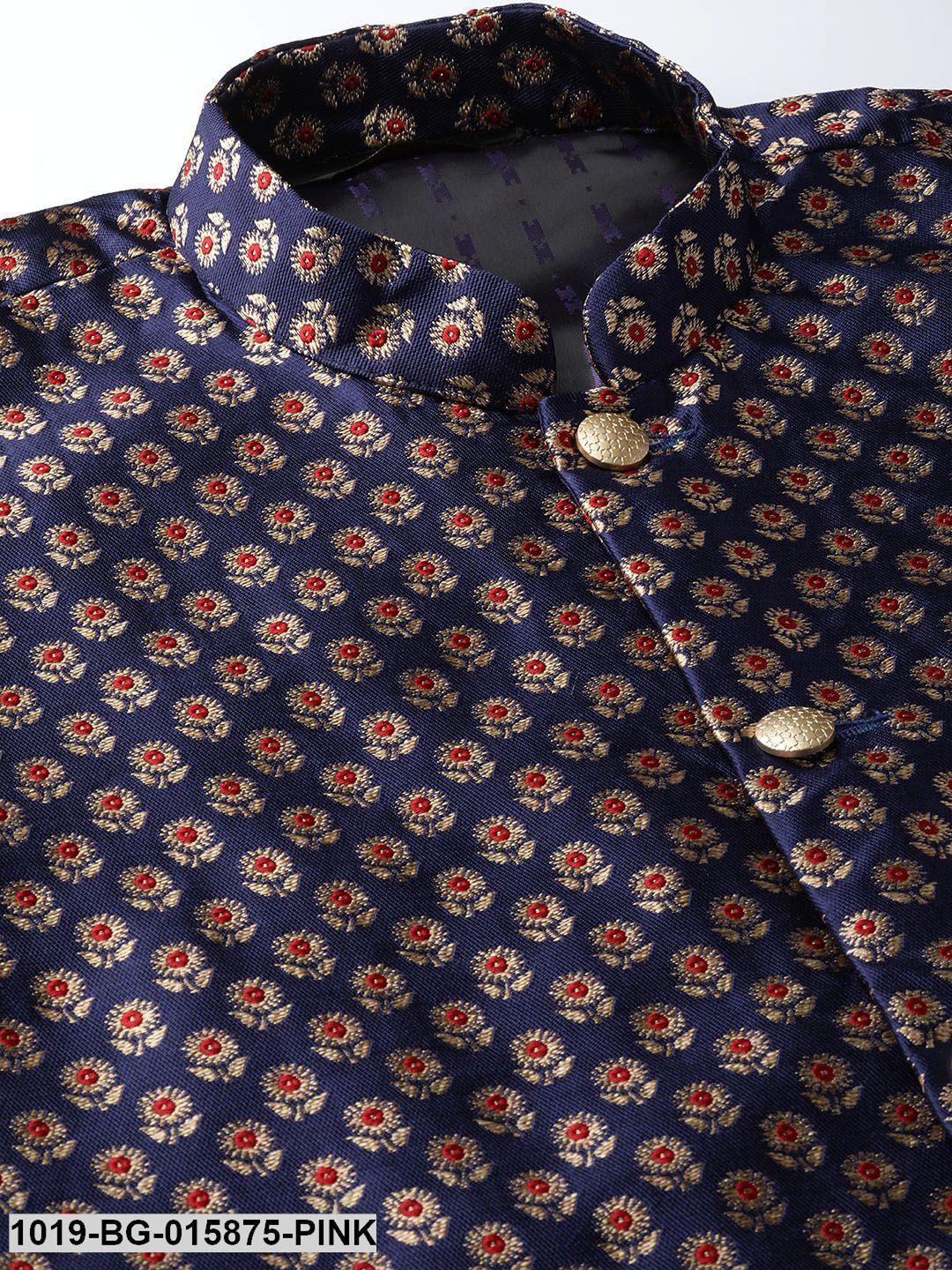 Men's Silk Blend Pink Kurta Pyjama & Navy Blue Nehru jacket Combo