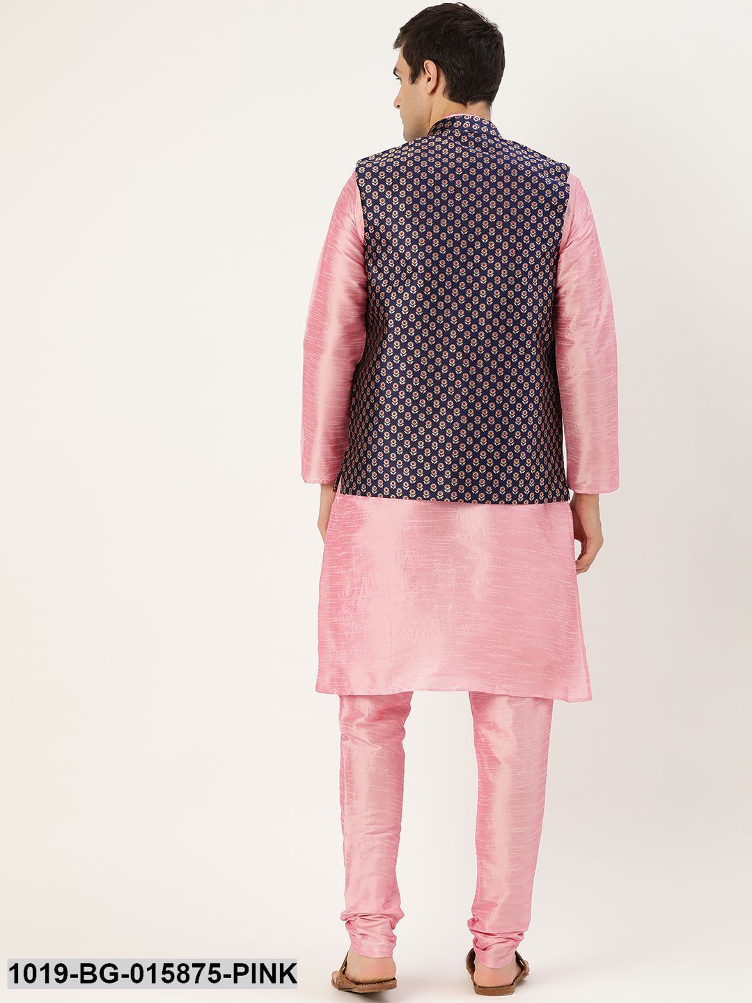 Men's Silk Blend Pink Kurta Pyjama & Navy Blue Nehru jacket Combo
