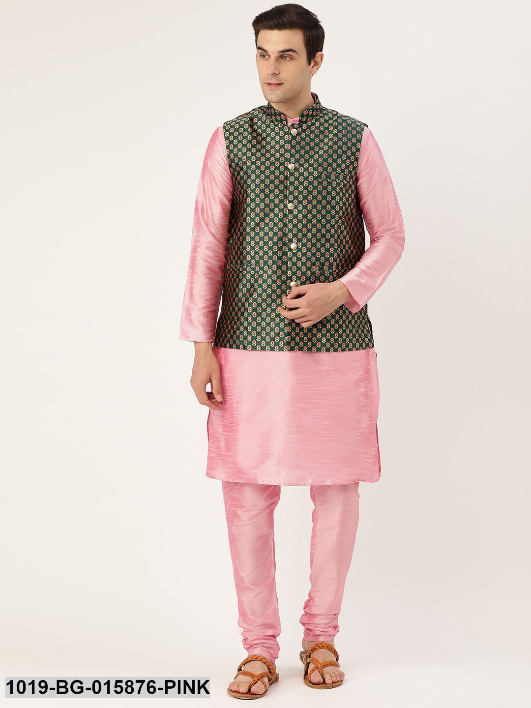 Men's Silk Blend Pink Kurta Pyjama & Dark Green Nehru jacket Combo