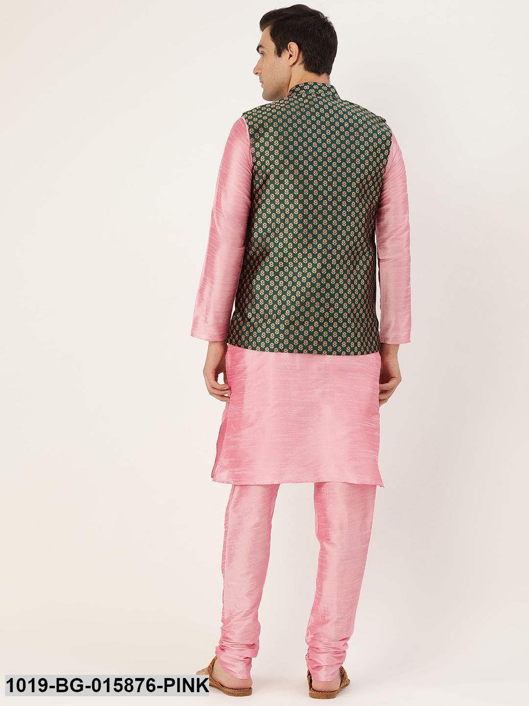 Men's Silk Blend Pink Kurta Pyjama & Dark Green Nehru jacket Combo