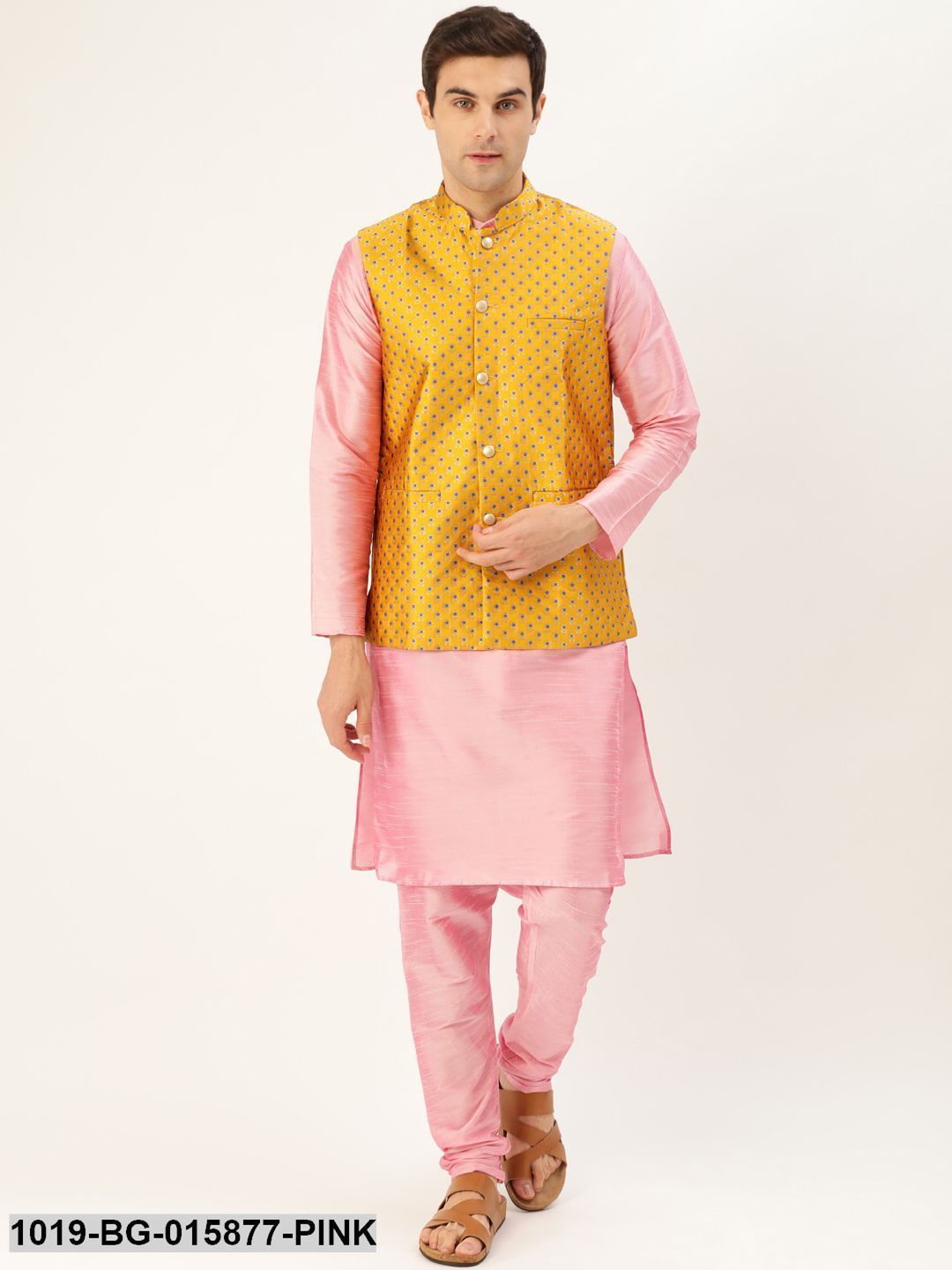 Men's Silk Blend Pink Kurta Pyjama & Mustard Nehru jacket Combo