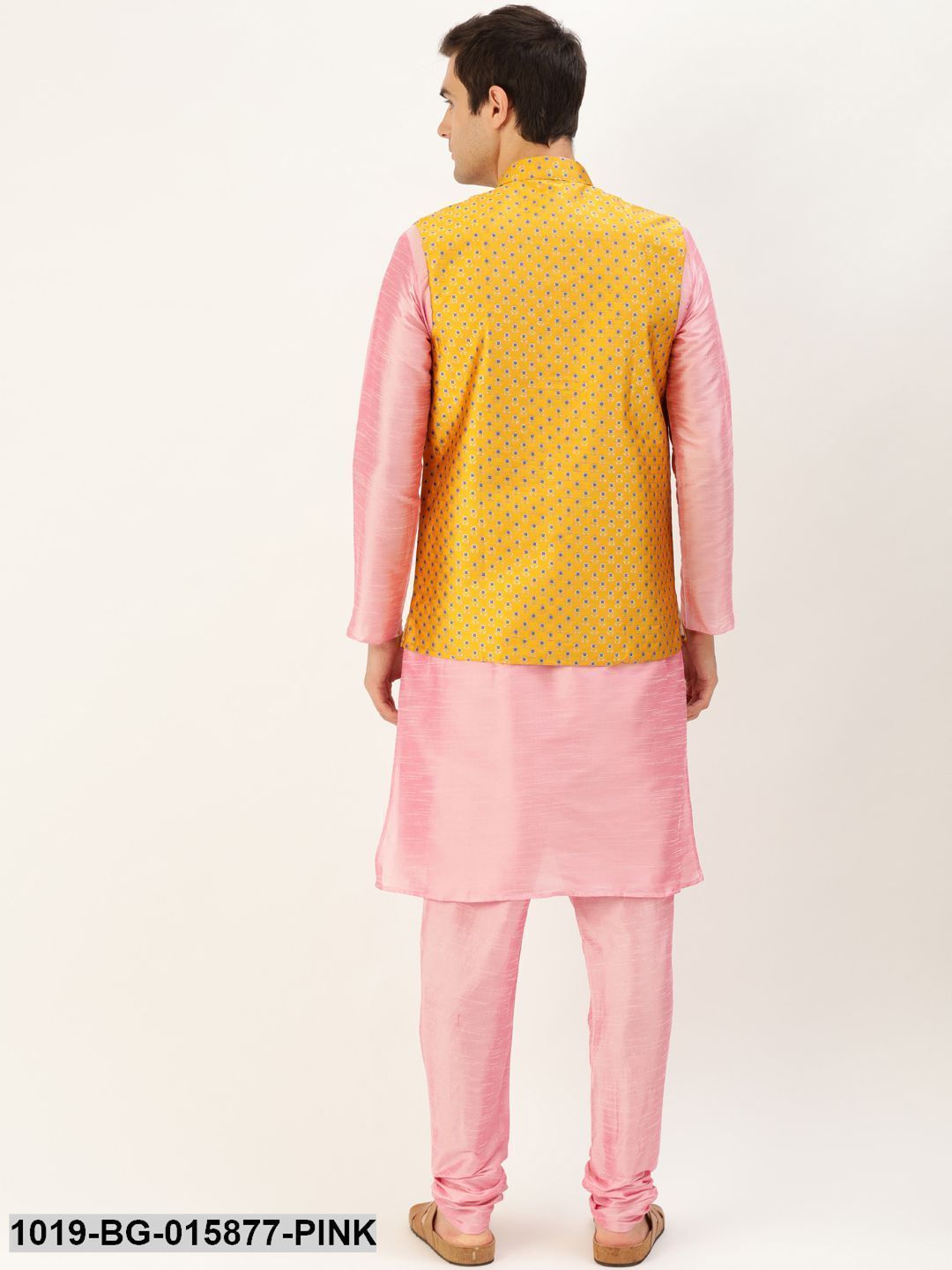 Men's Silk Blend Pink Kurta Pyjama & Mustard Nehru jacket Combo