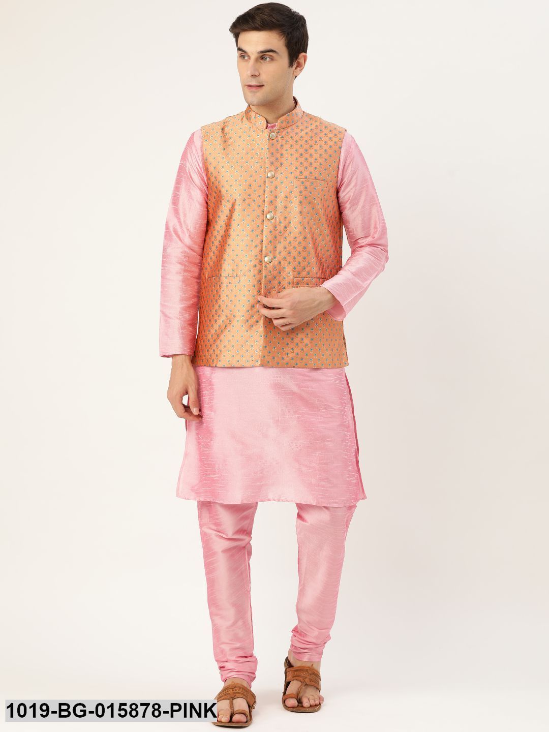 Men's Silk Blend Pink Kurta Pyjama & Peach Nehru jacket Combo