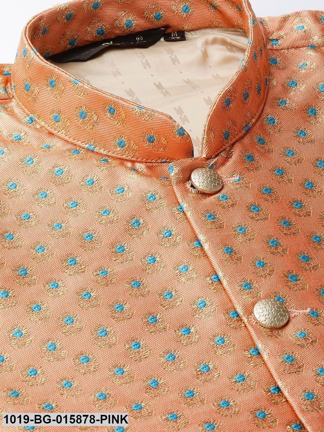 Men's Silk Blend Pink Kurta Pyjama & Peach Nehru jacket Combo