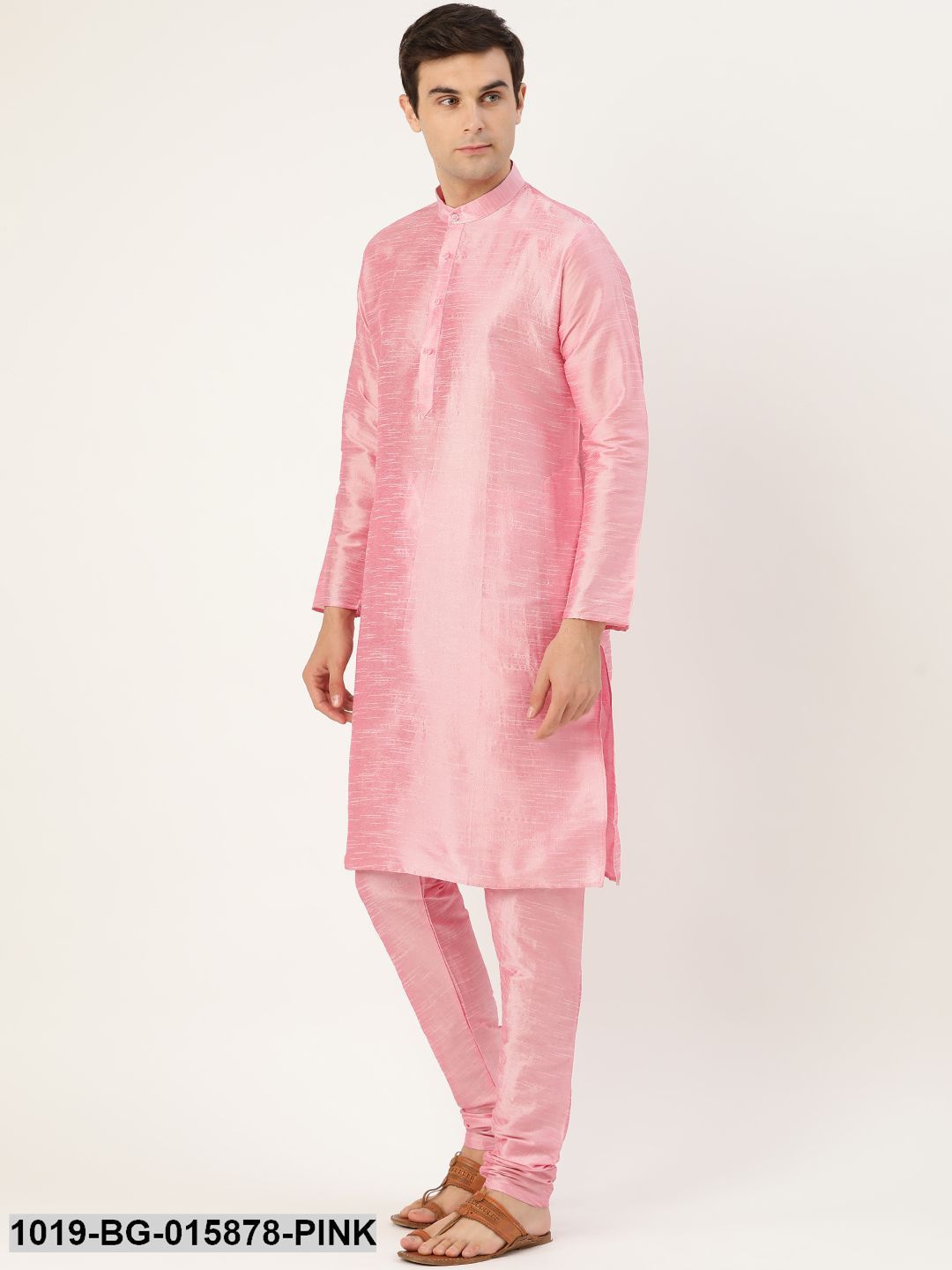Men's Silk Blend Pink Kurta Pyjama & Peach Nehru jacket Combo