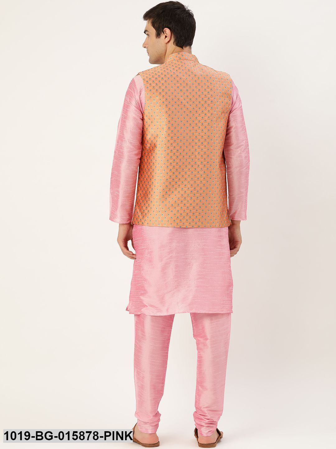 Men's Silk Blend Pink Kurta Pyjama & Peach Nehru jacket Combo