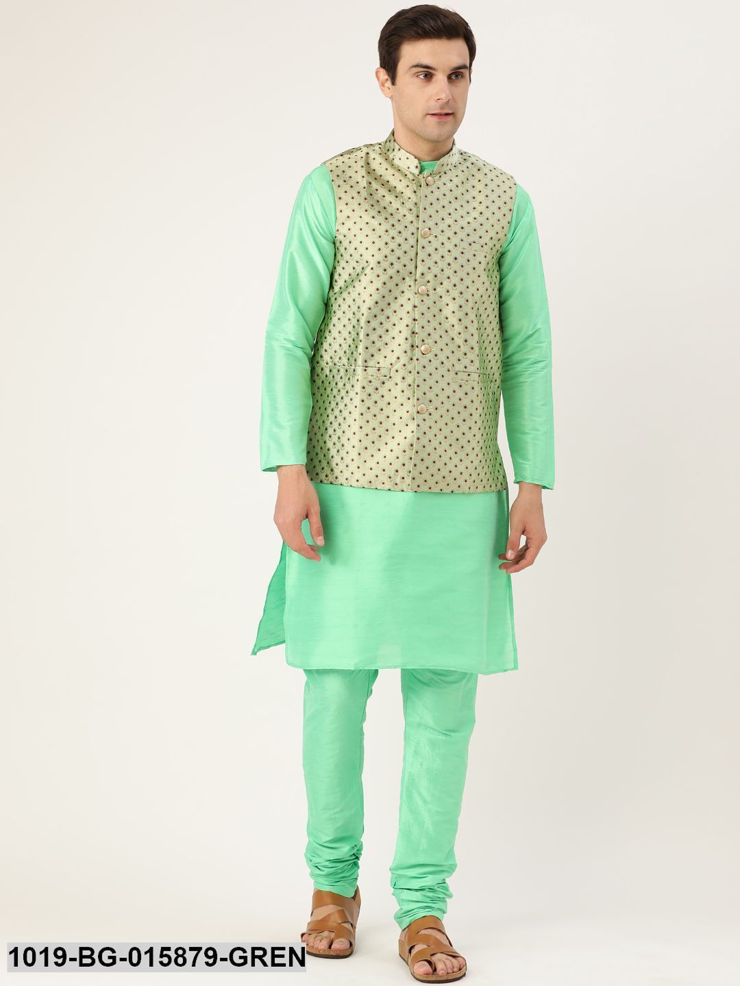 Men's Silk Blend Green Kurta Pyjama & Pista Green Nehru jacket Combo