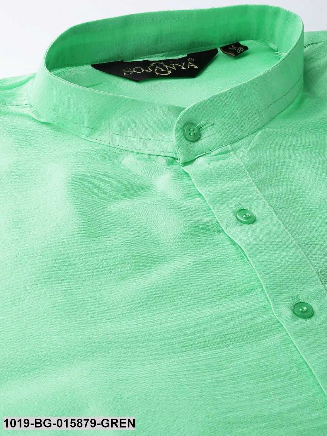 Men's Silk Blend Green Kurta Pyjama & Pista Green Nehru jacket Combo