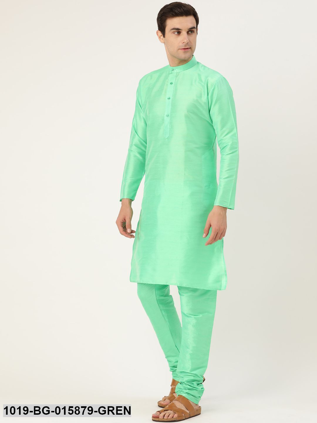 Men's Silk Blend Green Kurta Pyjama & Pista Green Nehru jacket Combo