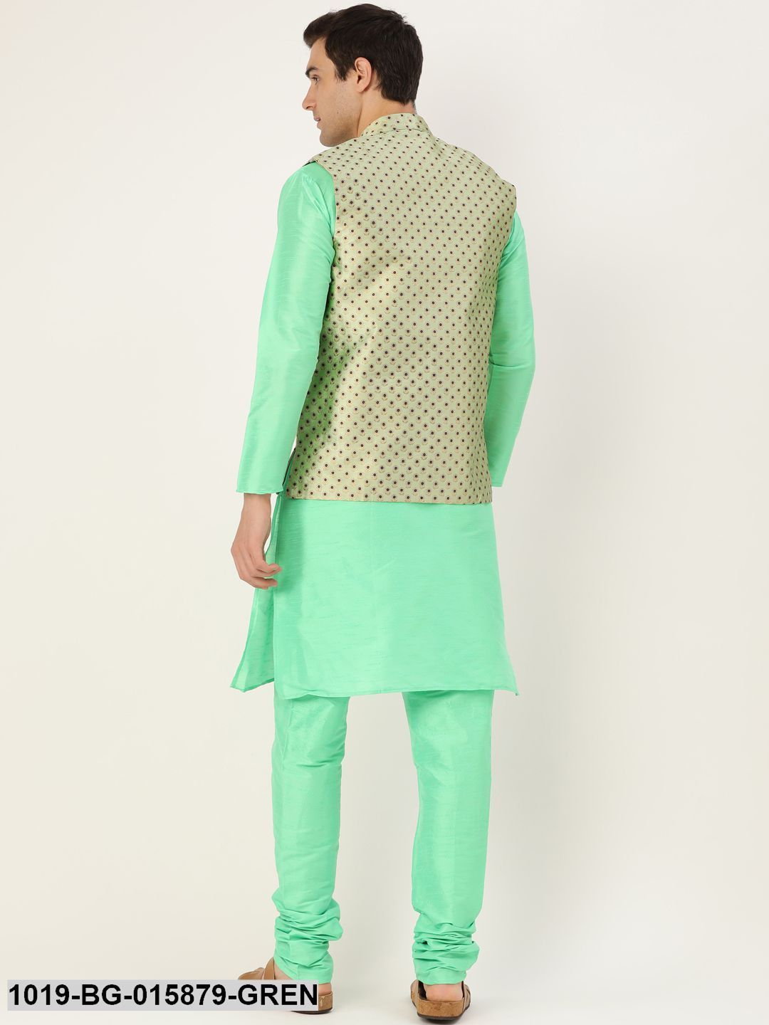 Men's Silk Blend Green Kurta Pyjama & Pista Green Nehru jacket Combo