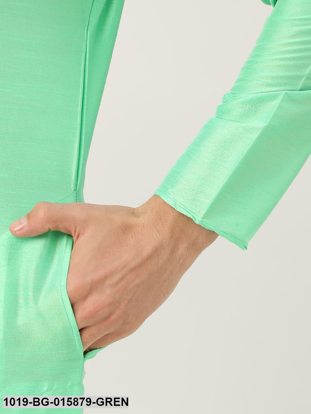 Men's Silk Blend Green Kurta Pyjama & Pista Green Nehru jacket Combo