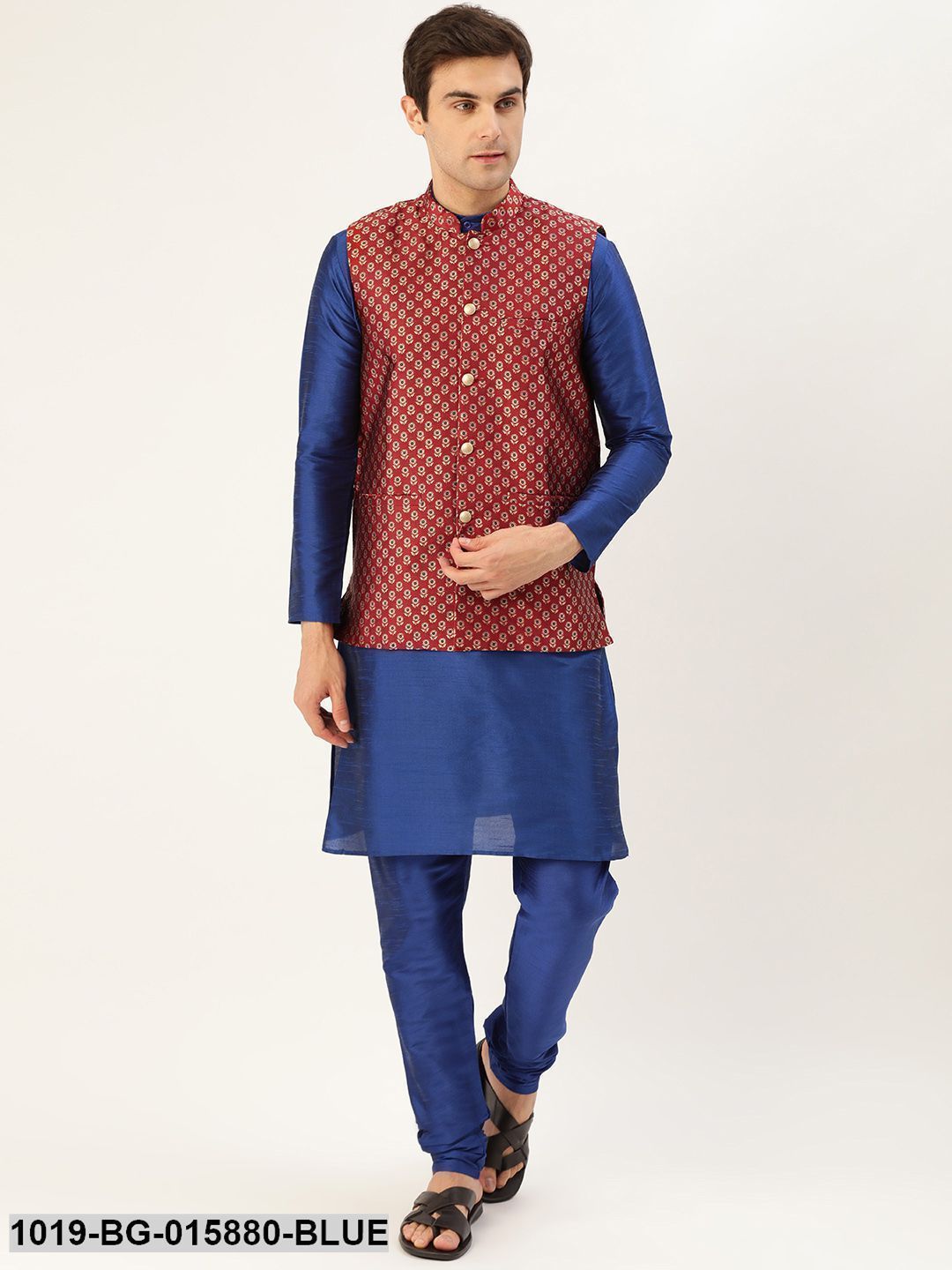 Men's Silk Blend Royal Blue Kurta Pyjama & Maroon Nehru jacket Combo