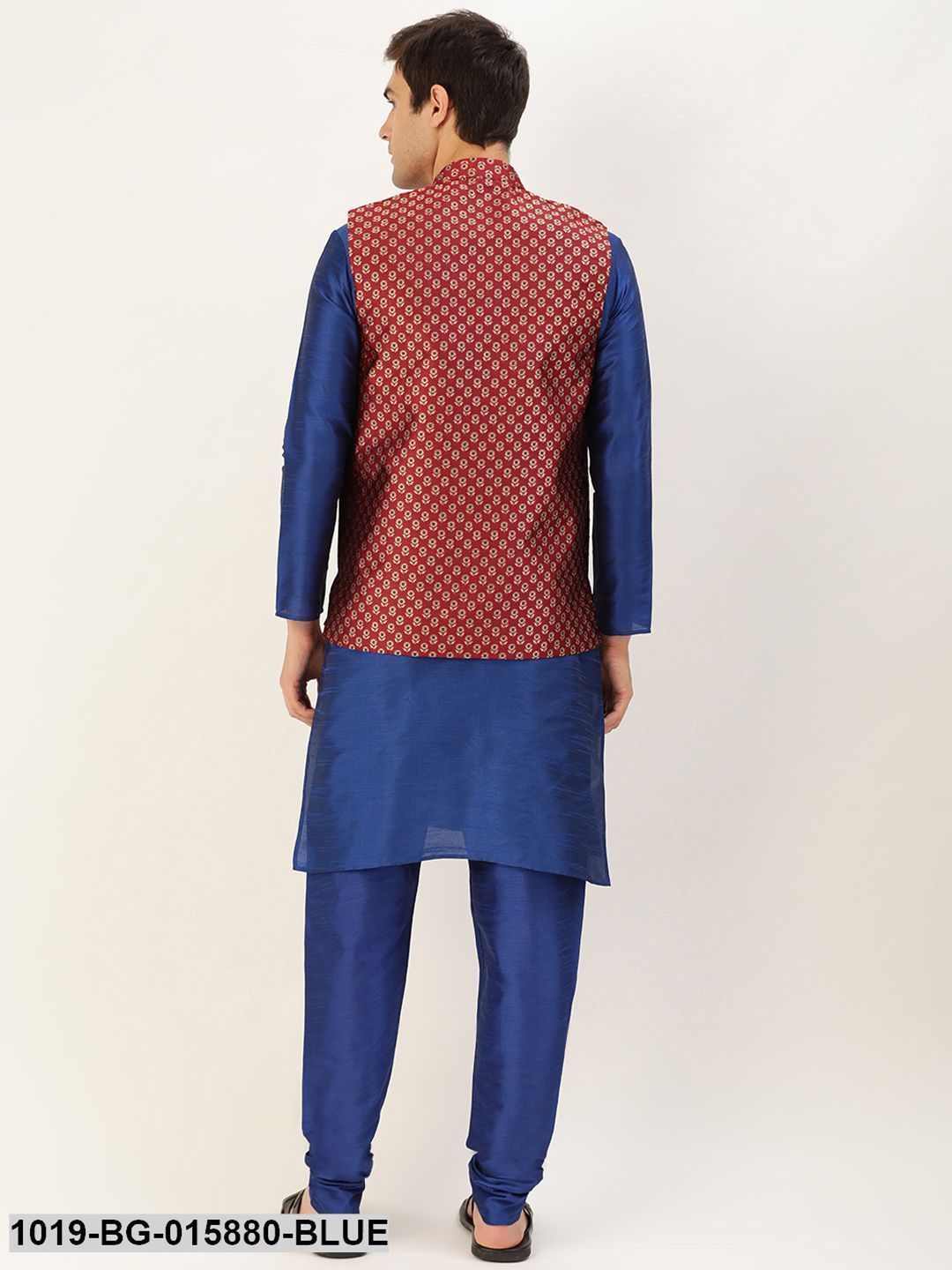Men's Silk Blend Royal Blue Kurta Pyjama & Maroon Nehru jacket Combo