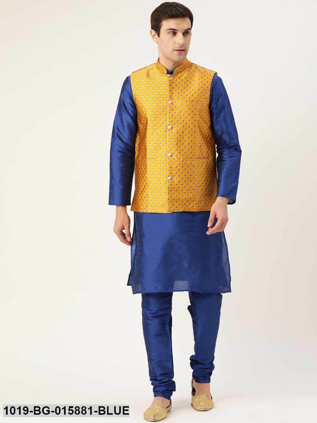 Men's Silk Blend Royal Blue Kurta Pyjama & Mustard Nehru jacket Combo