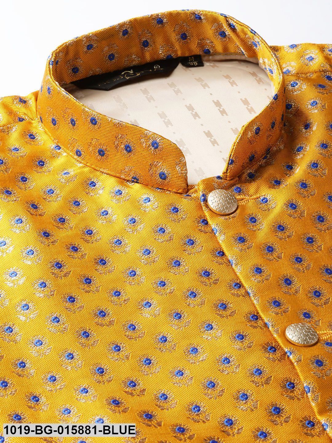 Men's Silk Blend Royal Blue Kurta Pyjama & Mustard Nehru jacket Combo