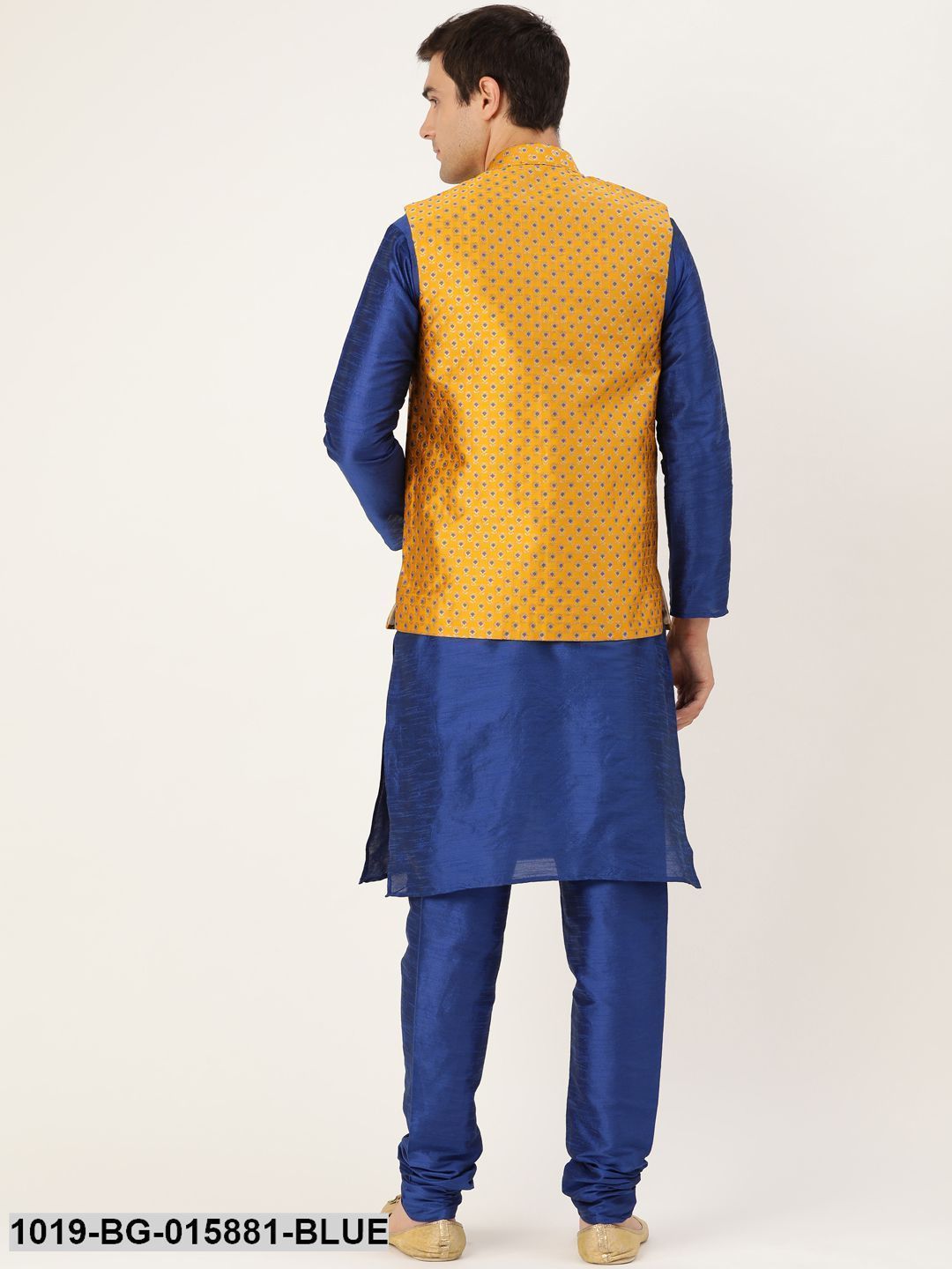 Men's Silk Blend Royal Blue Kurta Pyjama & Mustard Nehru jacket Combo