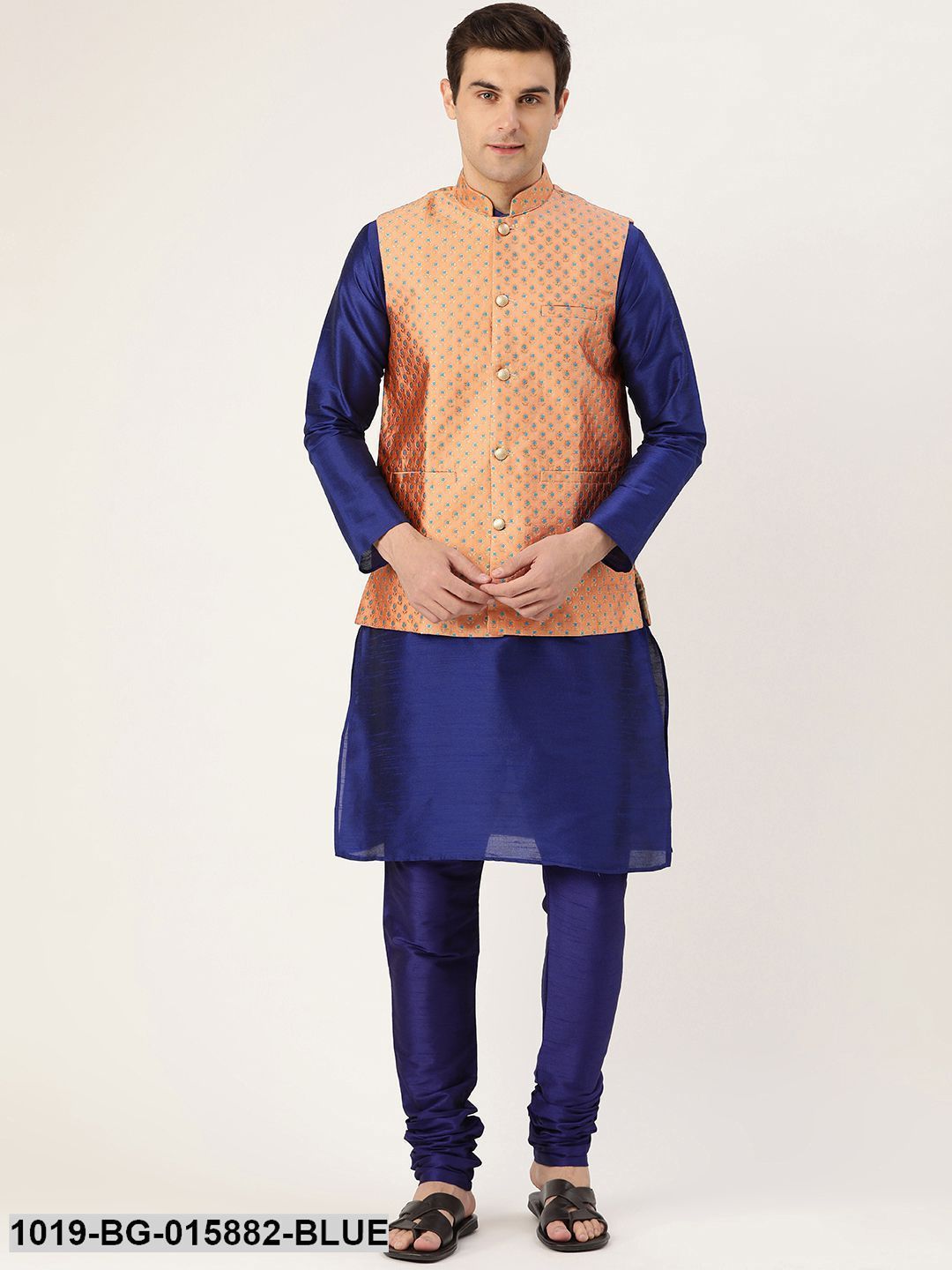 Men's Silk Blend Royal Blue Kurta Pyjama & Peach Nehru jacket Combo