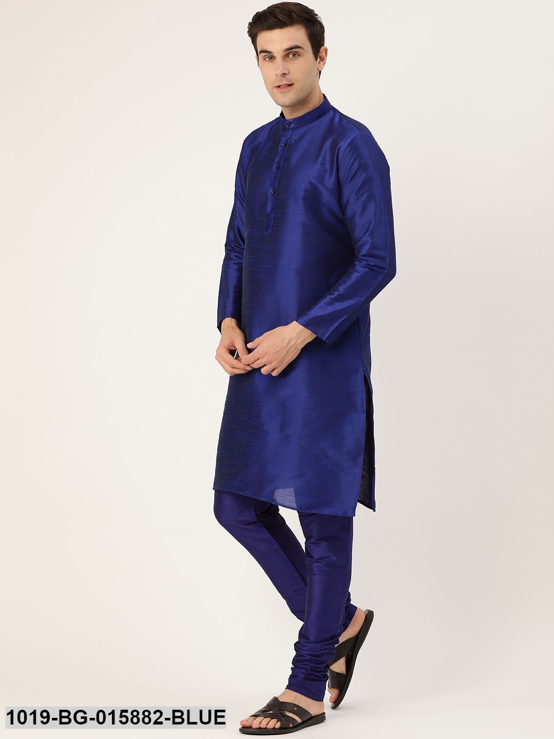 Men's Silk Blend Royal Blue Kurta Pyjama & Peach Nehru jacket Combo