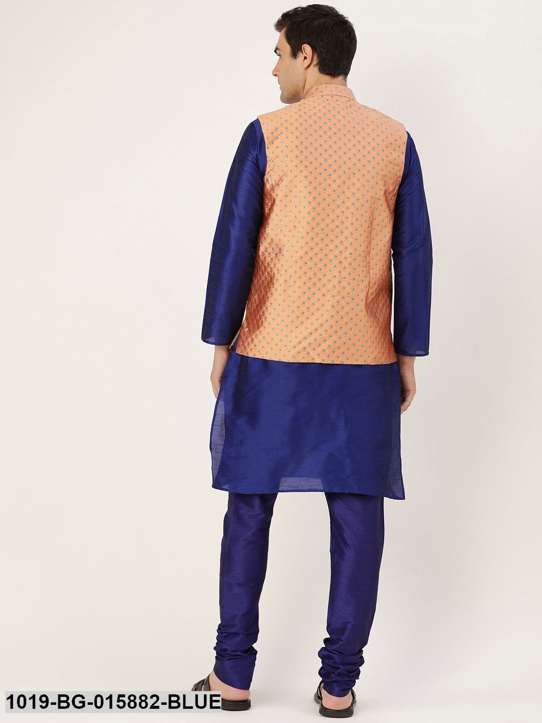 Men's Silk Blend Royal Blue Kurta Pyjama & Peach Nehru jacket Combo