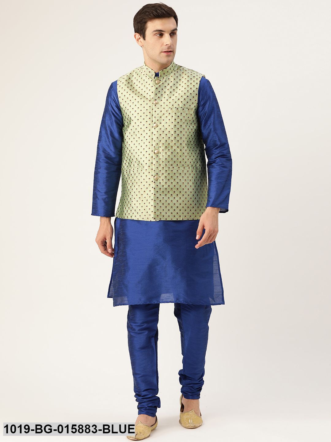 Men's Silk Blend Royal Blue Kurta Pyjama & Pista Green Nehru jacket Combo