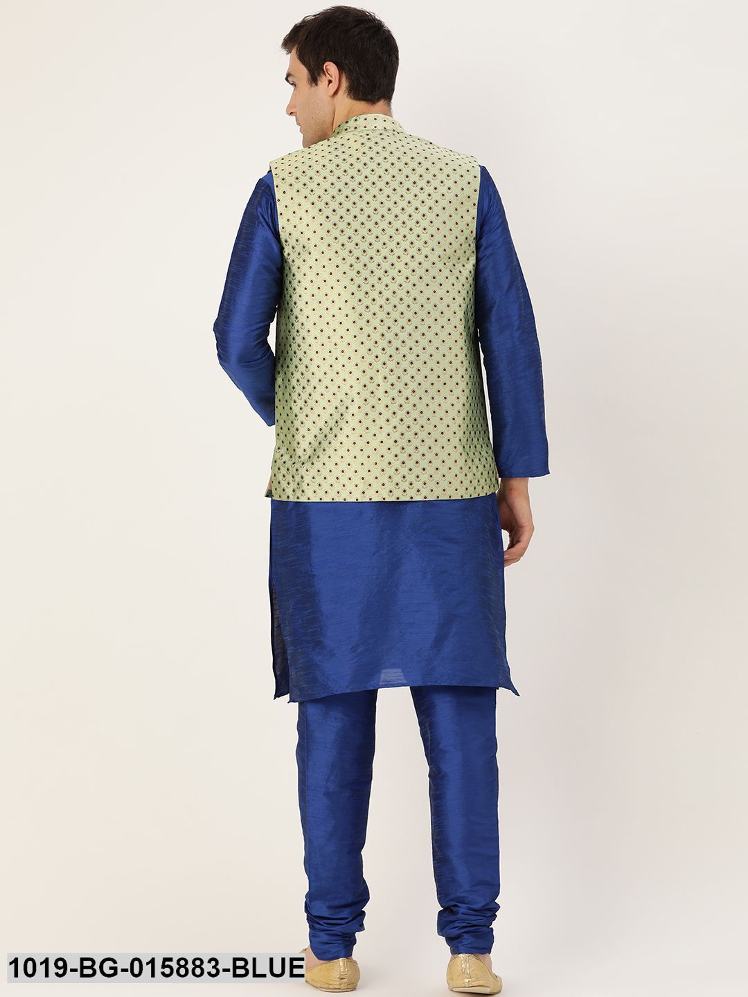 Men's Silk Blend Royal Blue Kurta Pyjama & Pista Green Nehru jacket Combo