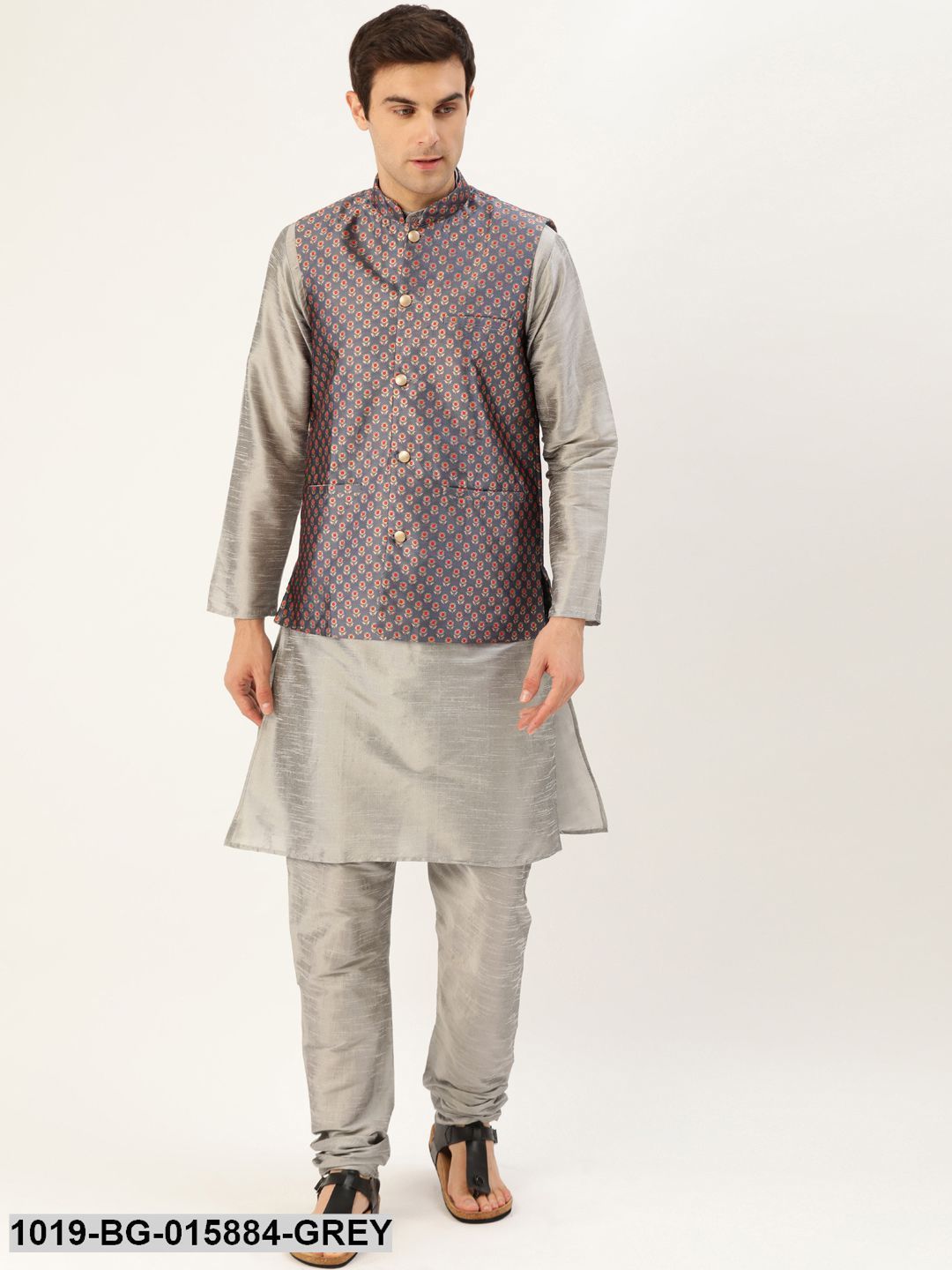 Men's Silk Blend Grey Kurta Pyjama & Charcoal Grey Nehru jacket Combo