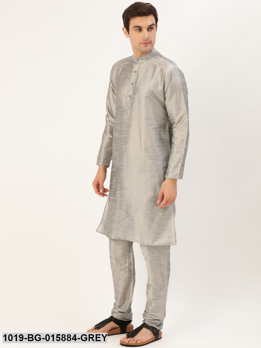 Men's Silk Blend Grey Kurta Pyjama & Charcoal Grey Nehru jacket Combo