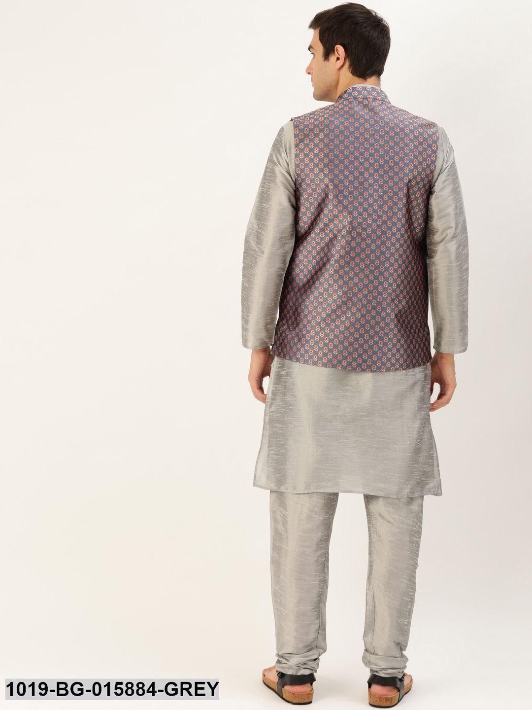 Men's Silk Blend Grey Kurta Pyjama & Charcoal Grey Nehru jacket Combo
