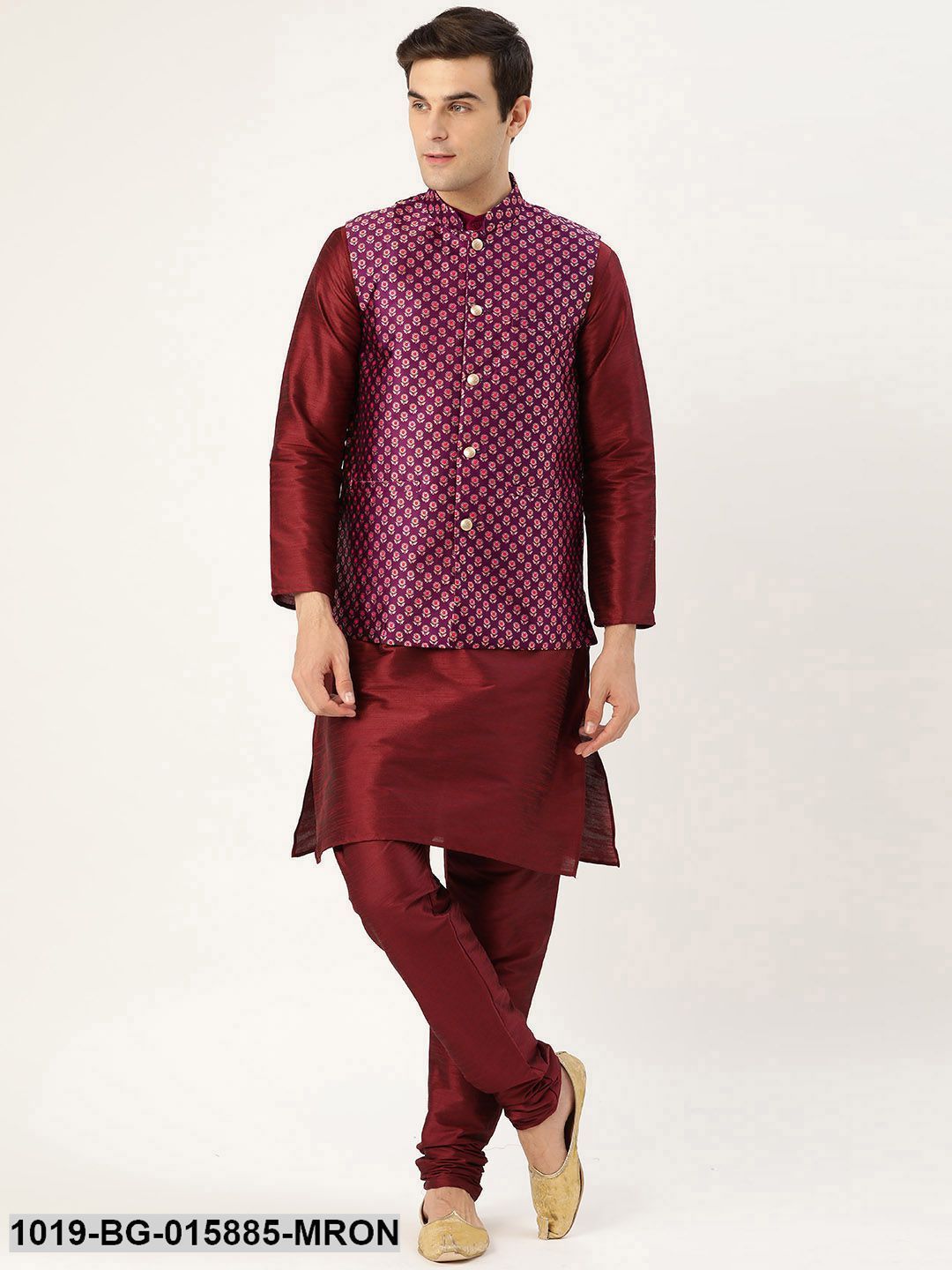Men's Silk Blend Maroon Kurta Pyjama & Wine Nehru jacket Combo