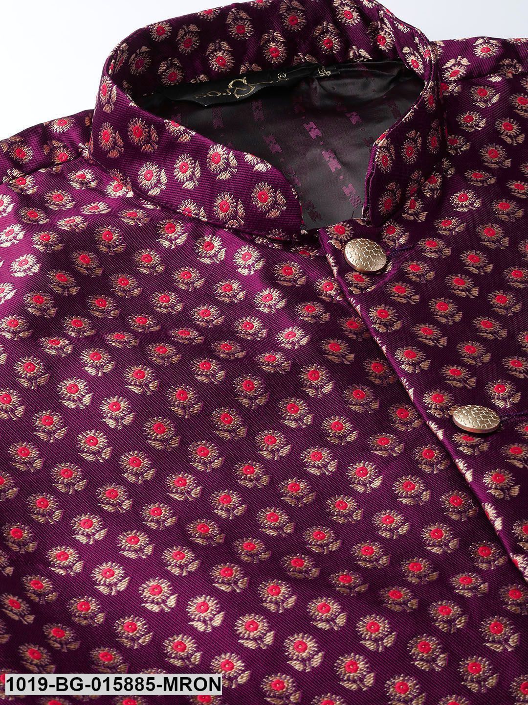 Men's Silk Blend Maroon Kurta Pyjama & Wine Nehru jacket Combo