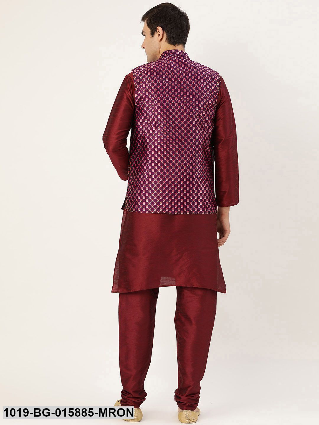 Men's Silk Blend Maroon Kurta Pyjama & Wine Nehru jacket Combo